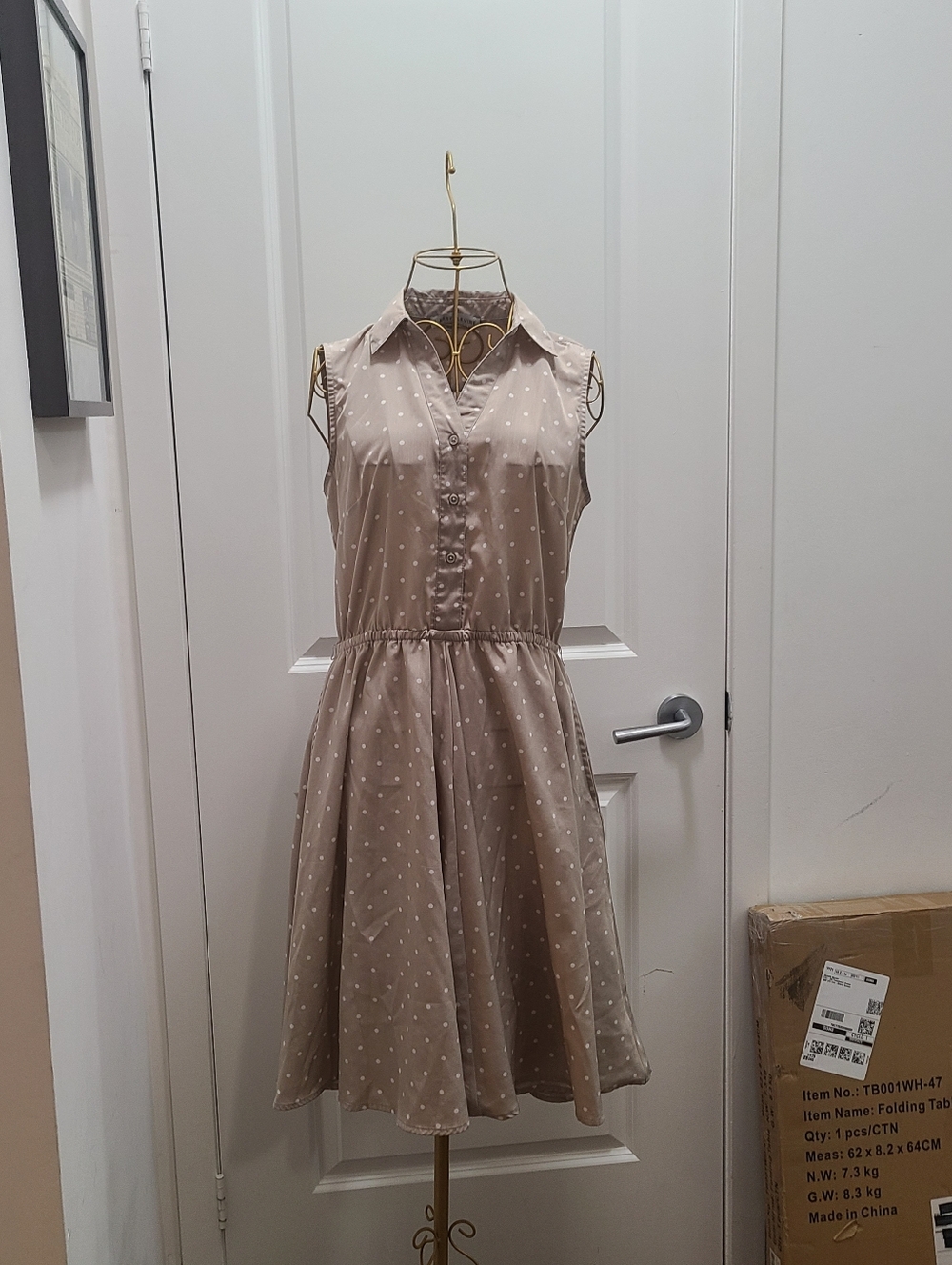 Larry Levine Taupe Polka Dot Sleeveless Shirt Dress